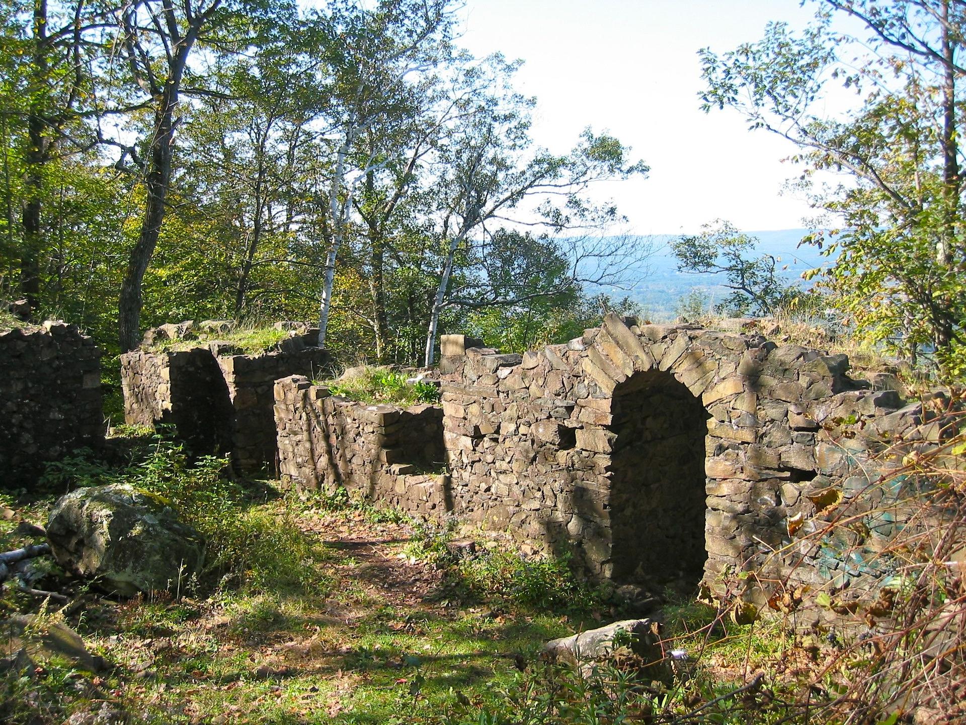 Stone ruins with an arched doorway in a sunny, forested landscape.