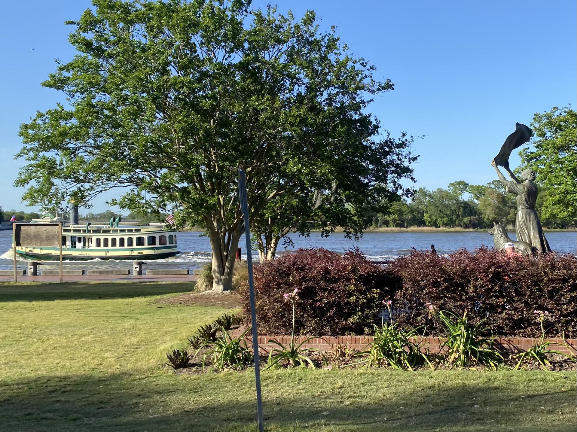Paddlewheel boat on a river, seen from a green bank with trees.