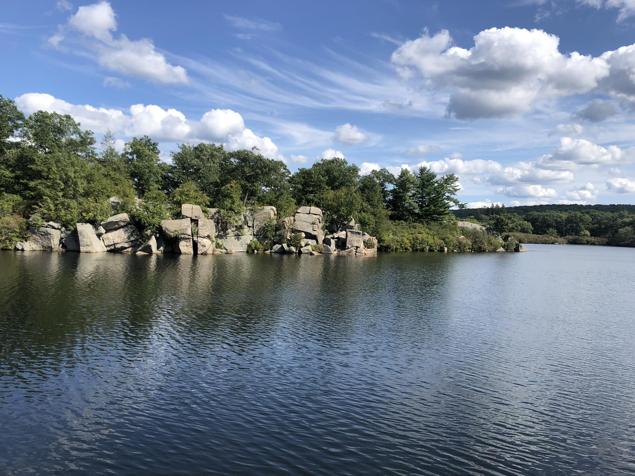 Wide lake with a rocky, tree-covered shore under a bright, partly cloudy sky.
