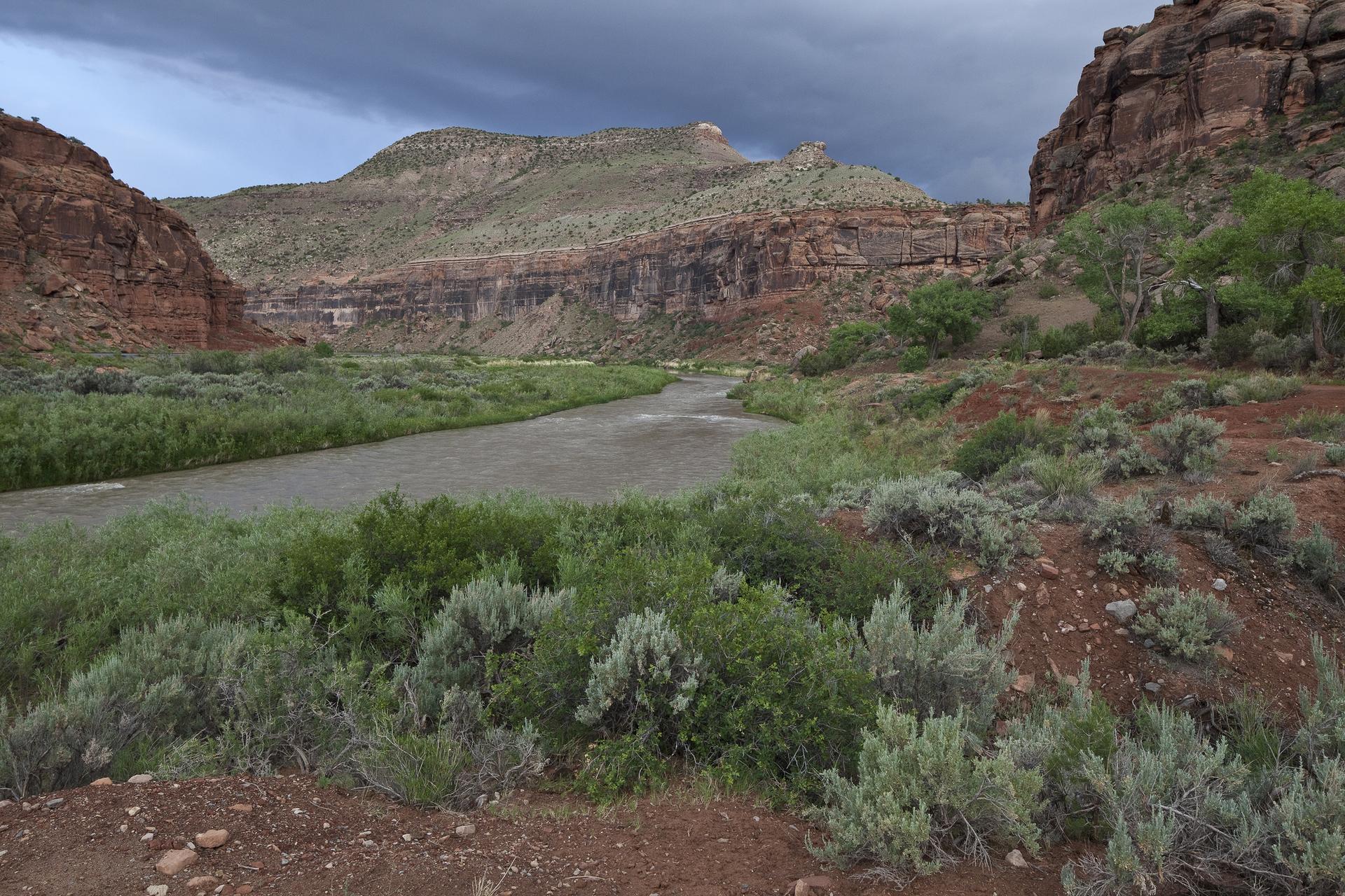 A river winds through a rocky canyon with green vegetation under a cloudy sky.