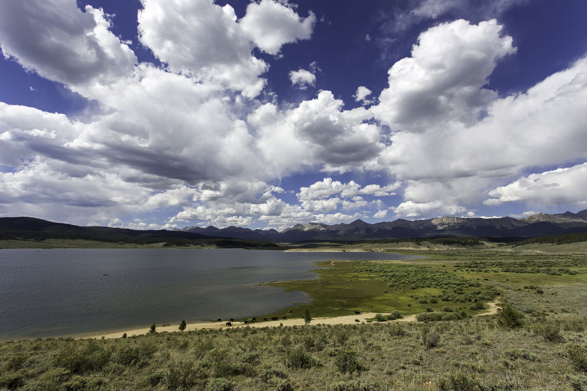 Expansive lake with green shores, distant mountains, and dramatic cloudy sky. - Taylor Park Reservoir to Cottonwood Pass