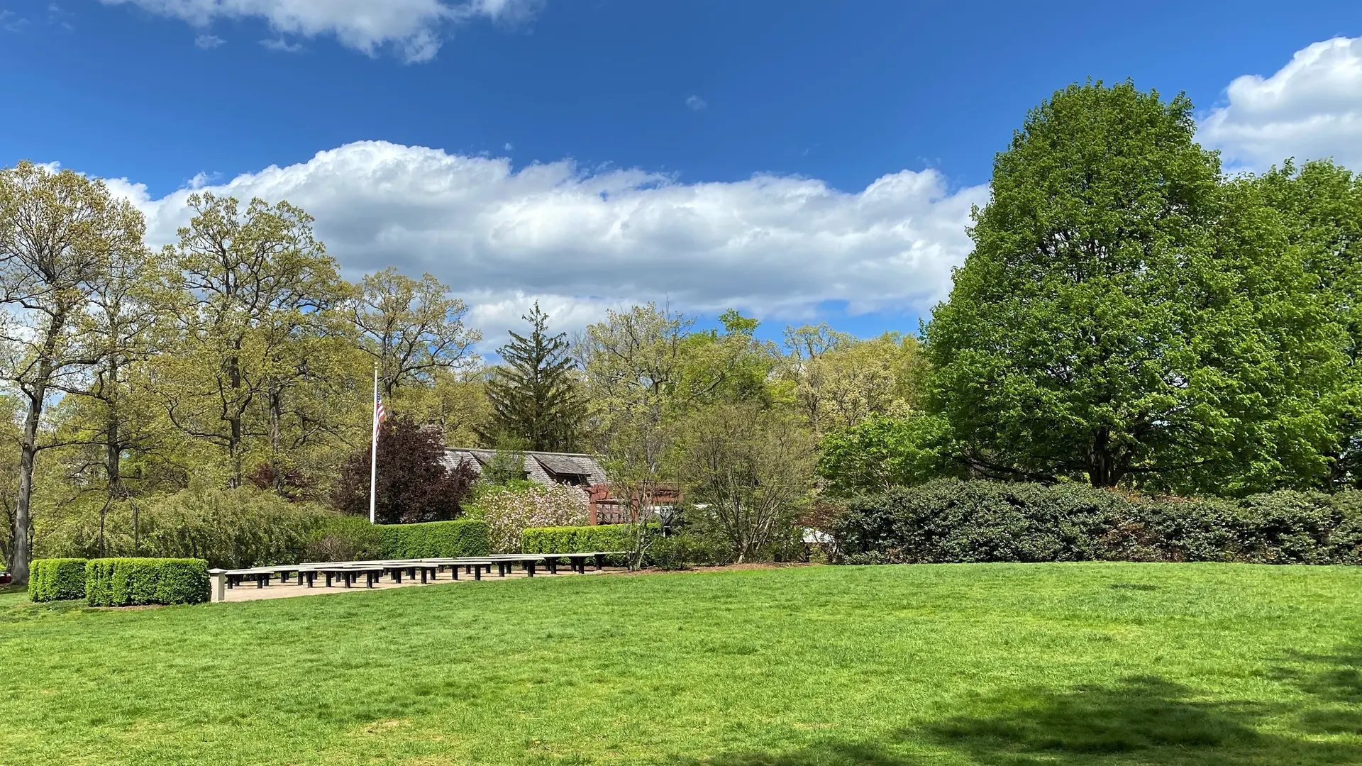 Bright green lawn with lush trees and a distant building under a cloudy sky.