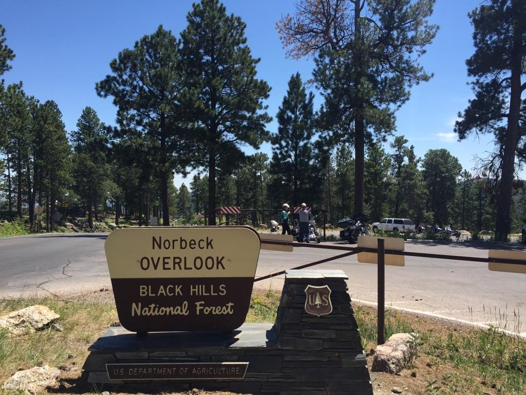 Overlook sign in front of a forest road with people and vehicles.