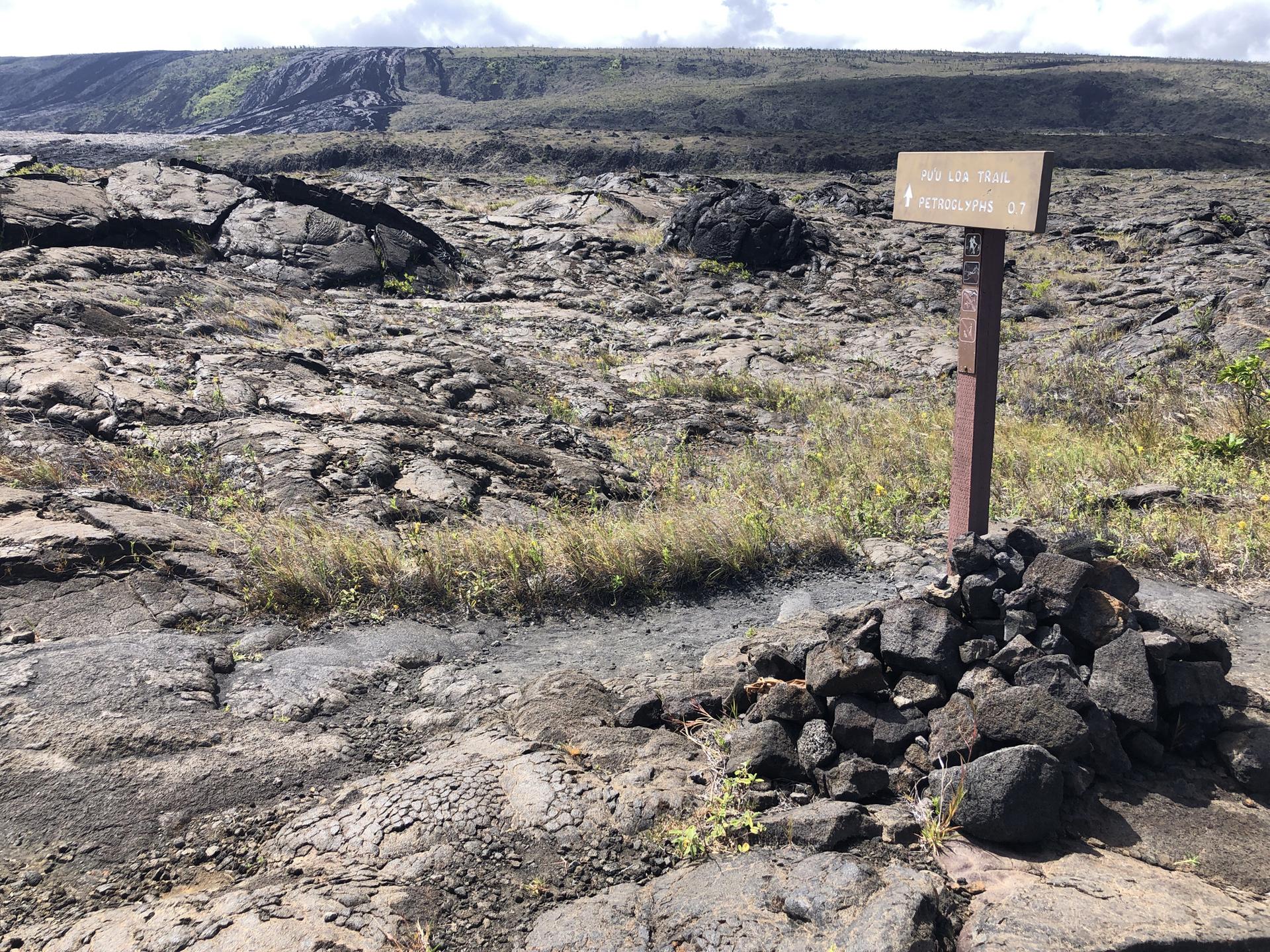 Wooden sign on a rock cairn in a vast, rocky, and grassy landscape.