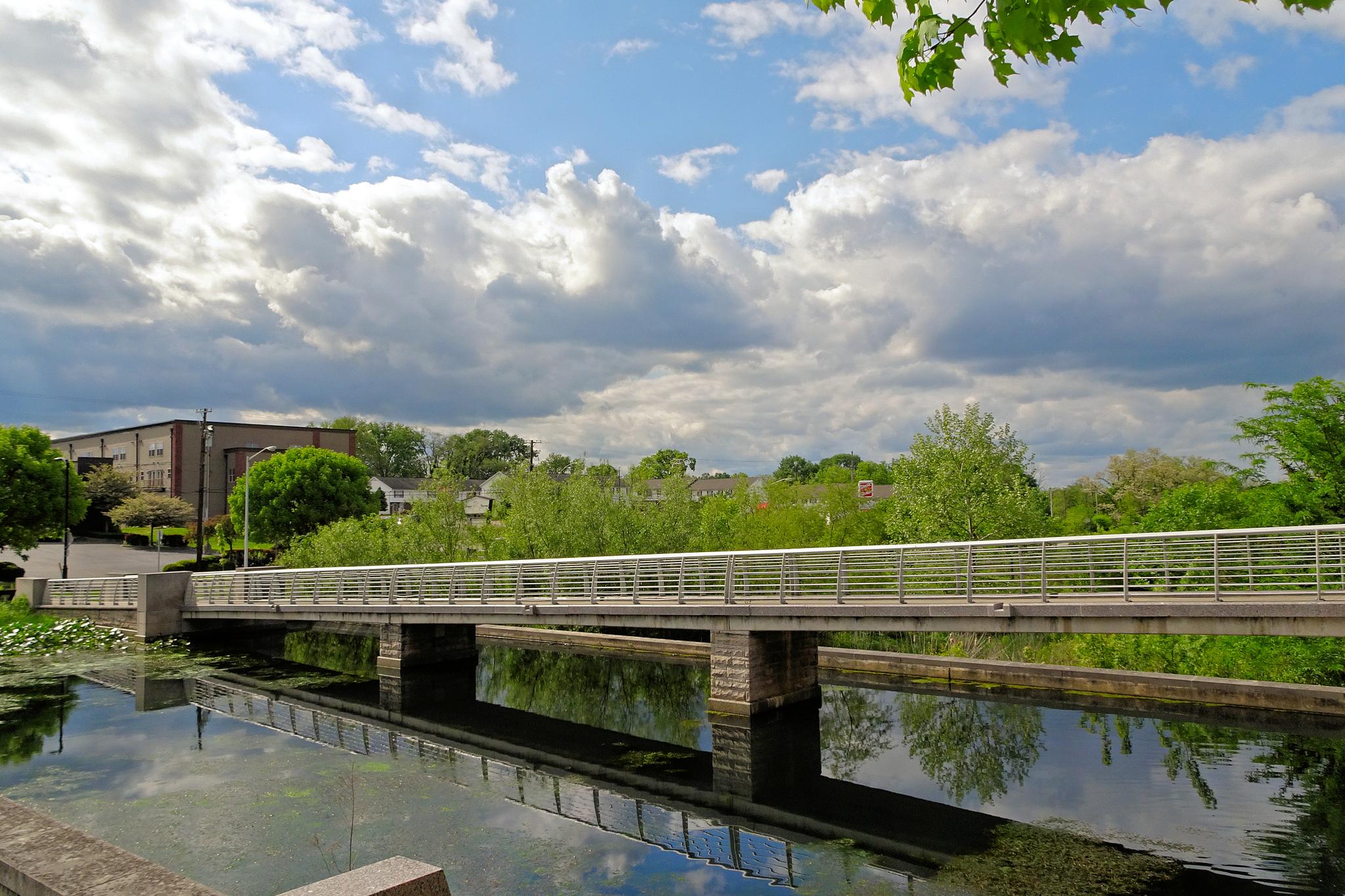 A pedestrian bridge spans calm water under a partly cloudy sky, surrounded by green trees.