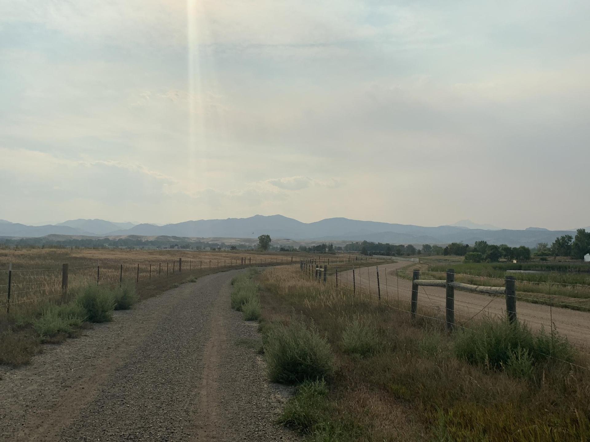 Gravel road winding through dry fields, hazy mountains under an overcast sky.