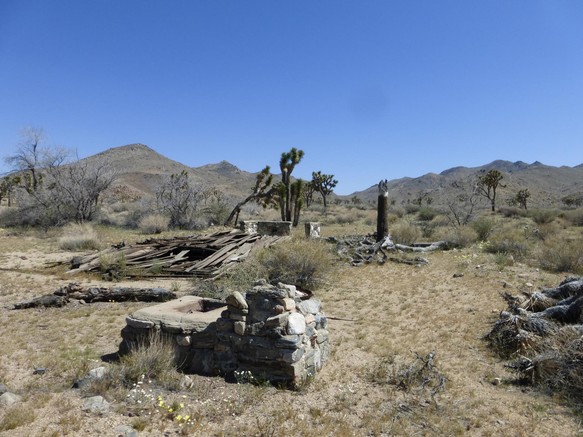 Desert landscape with old wooden ruins, stone structures, and distant mountains.