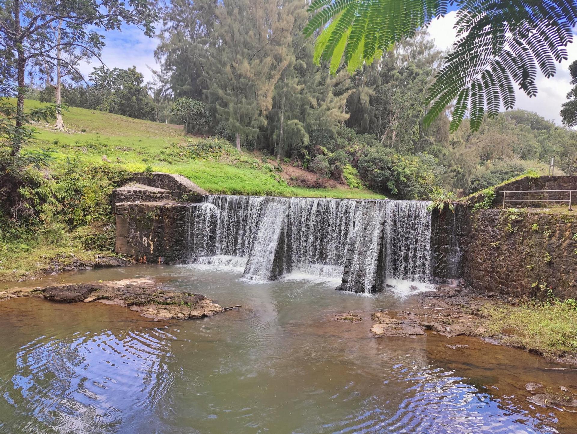 Water cascades over a stone dam into a river, lush foliage surrounds.