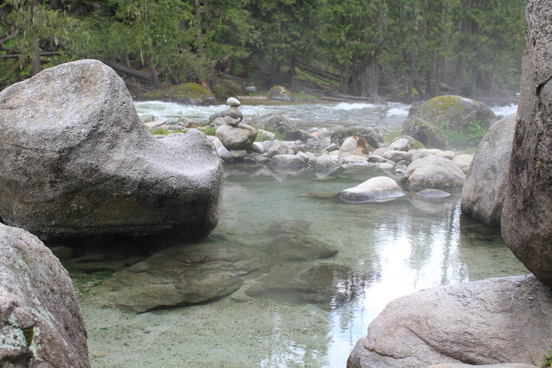 Clear, shallow hot spring pool with large rocks next to a flowing river.