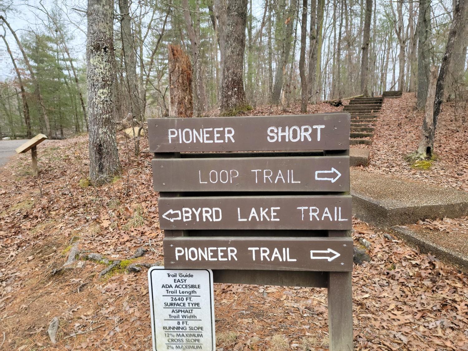 Wooden trail sign with multiple directional arrows in a leaf-covered forest.