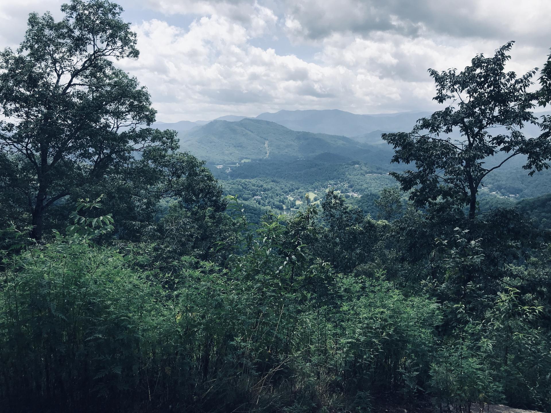 Dense green trees cover rolling mountains under a cloudy sky.