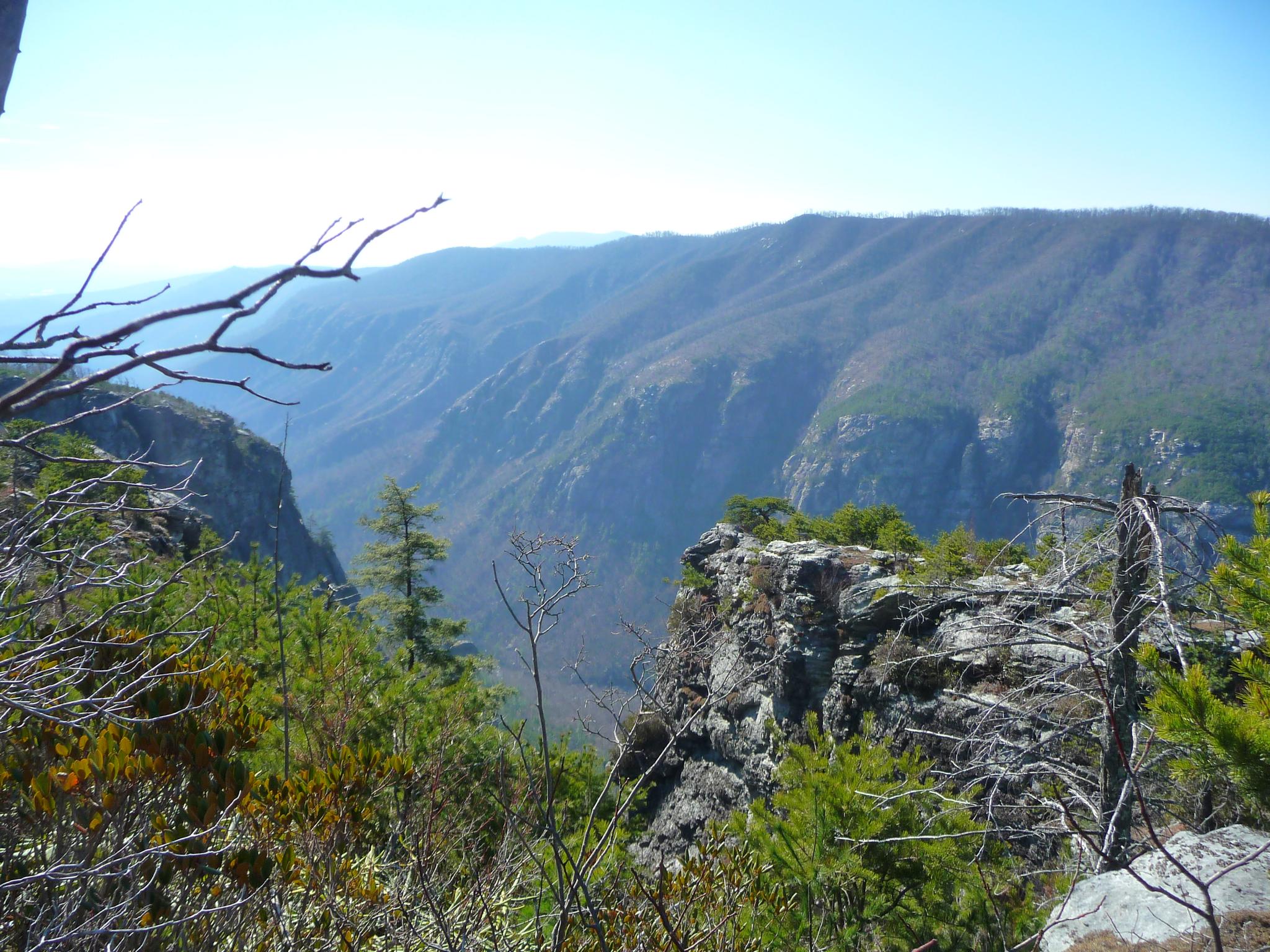 Panoramic view of a deep mountain valley with forested slopes under a clear sky.