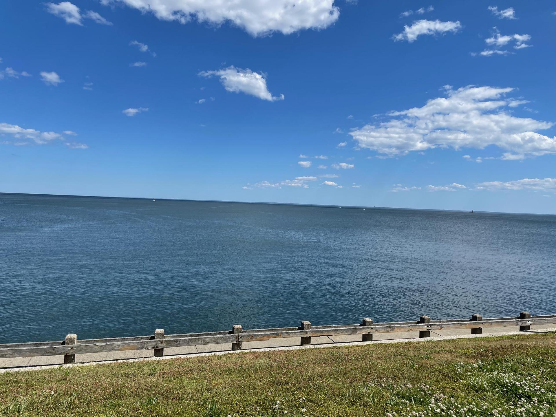 Expansive blue ocean under a clear sky, with green grass and a fence.