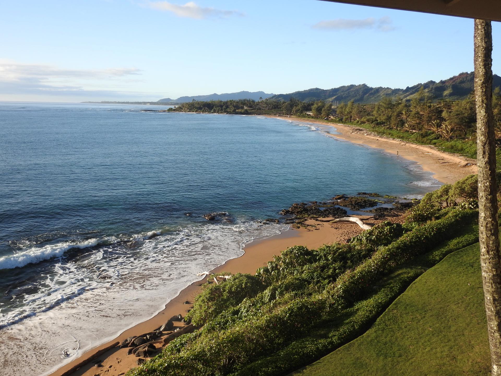 Panoramic view of a curved sandy beach with waves and green hills.