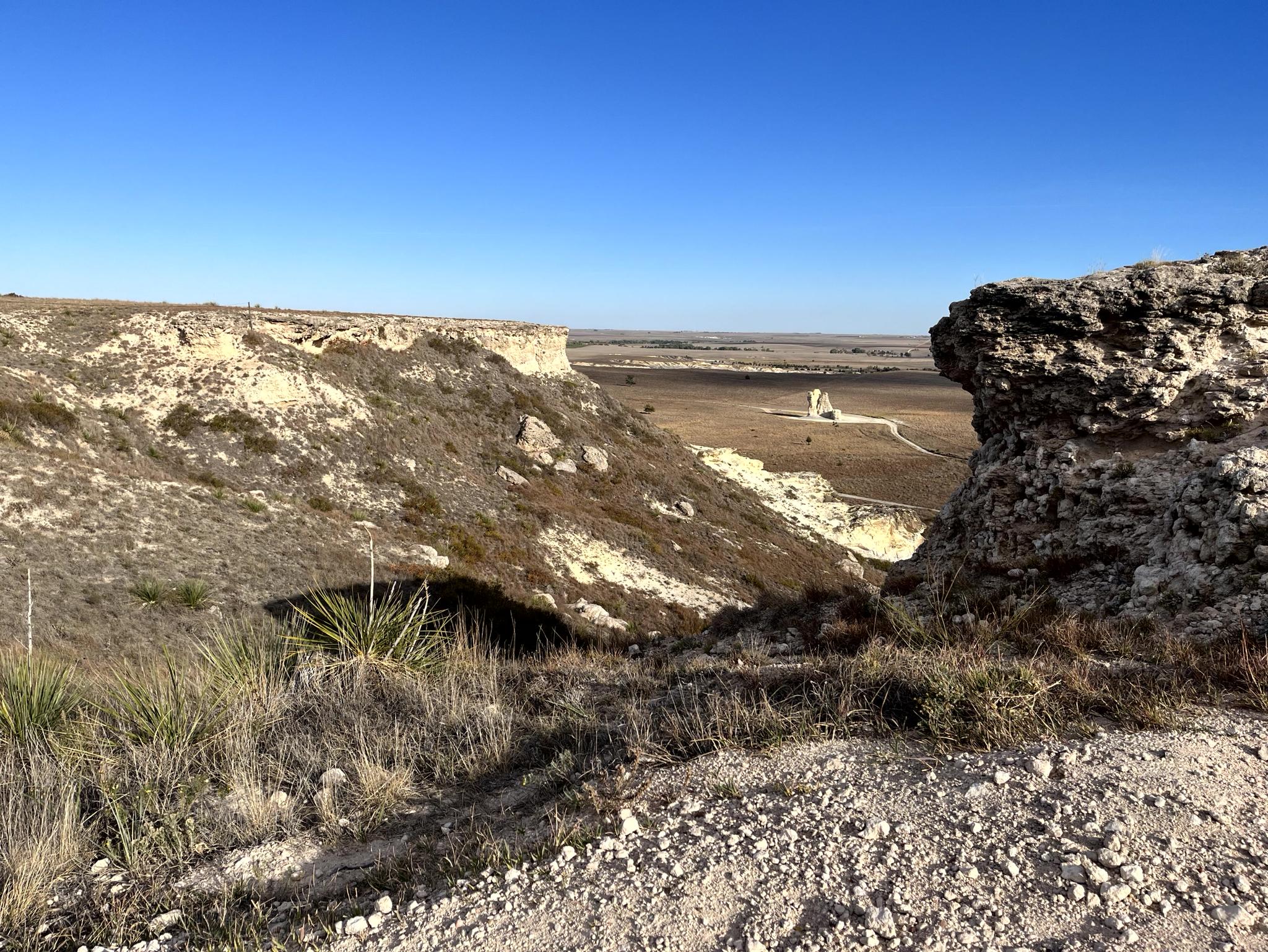 Expansive view of a rocky canyon and distant plains under a clear sky.
