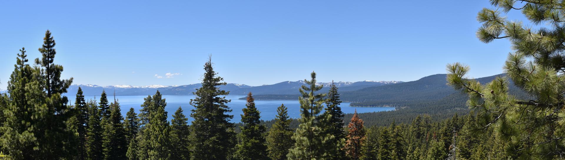 Panoramic view of a blue lake, pine forests, and distant snow-capped mountains.