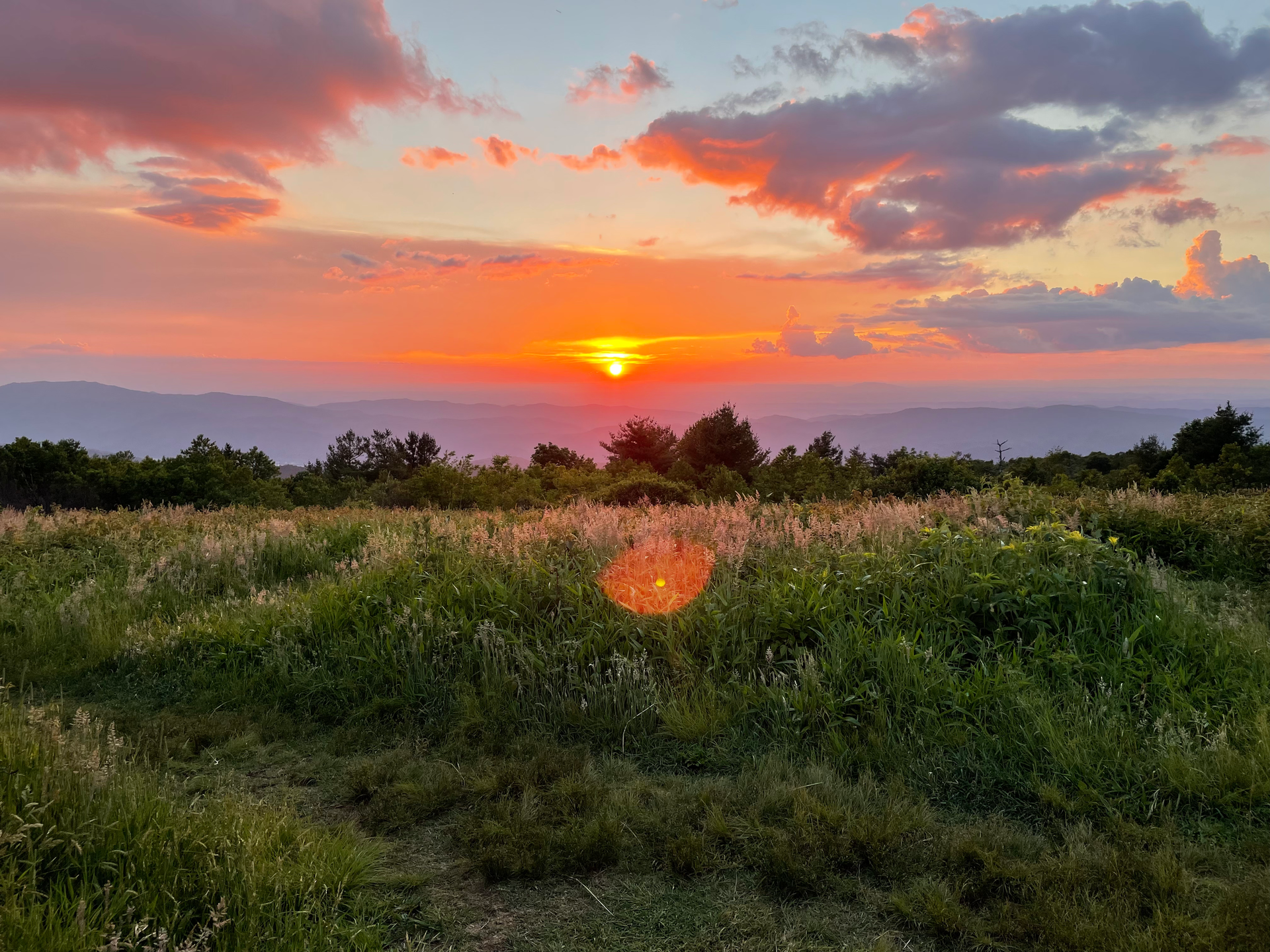Vibrant sunset over a grassy field with distant mountains and colorful clouds.