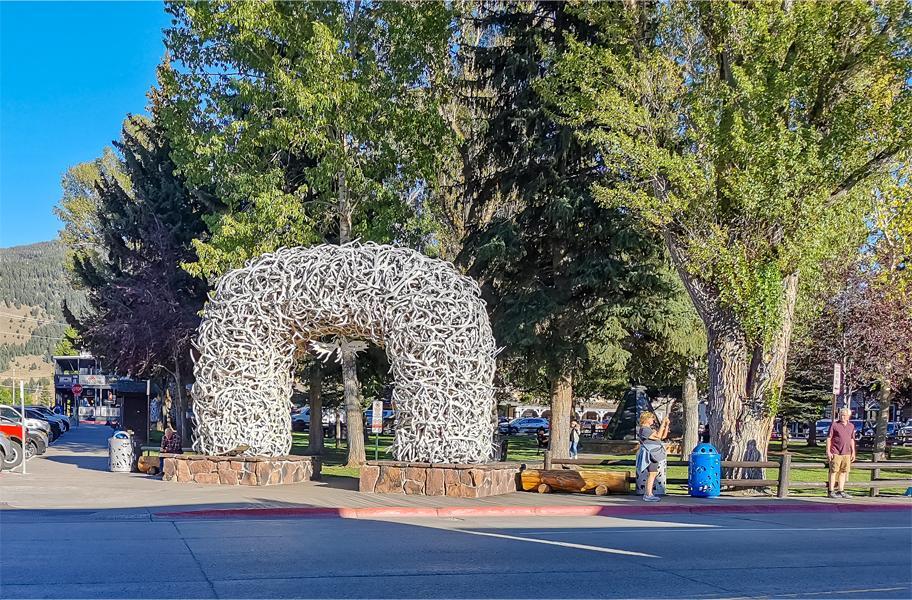 A large arch made of antlers in a park with green trees and people.