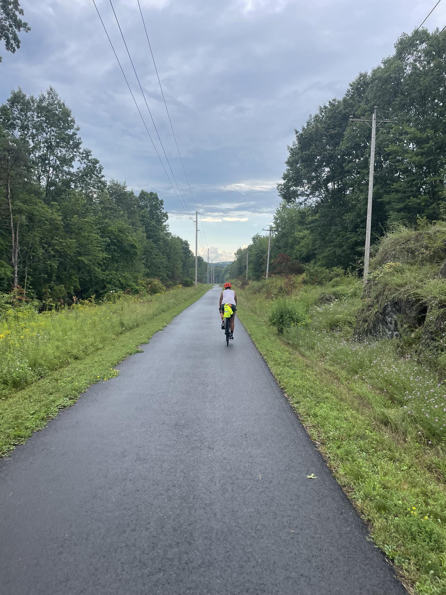 Cyclist on a paved path lined with green trees under an overcast sky.