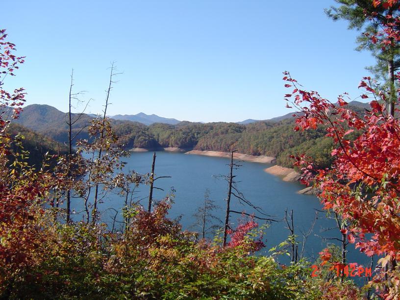 Scenic blue lake surrounded by forested mountains, framed by bright autumn leaves.