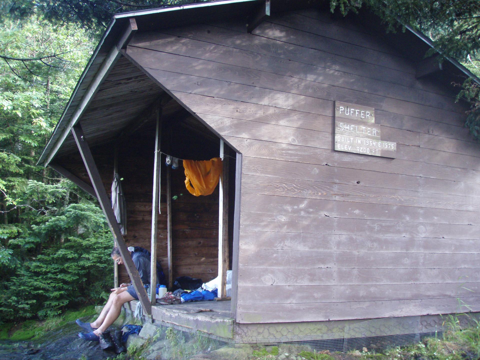 A person rests inside a wooden shelter surrounded by dense green trees.