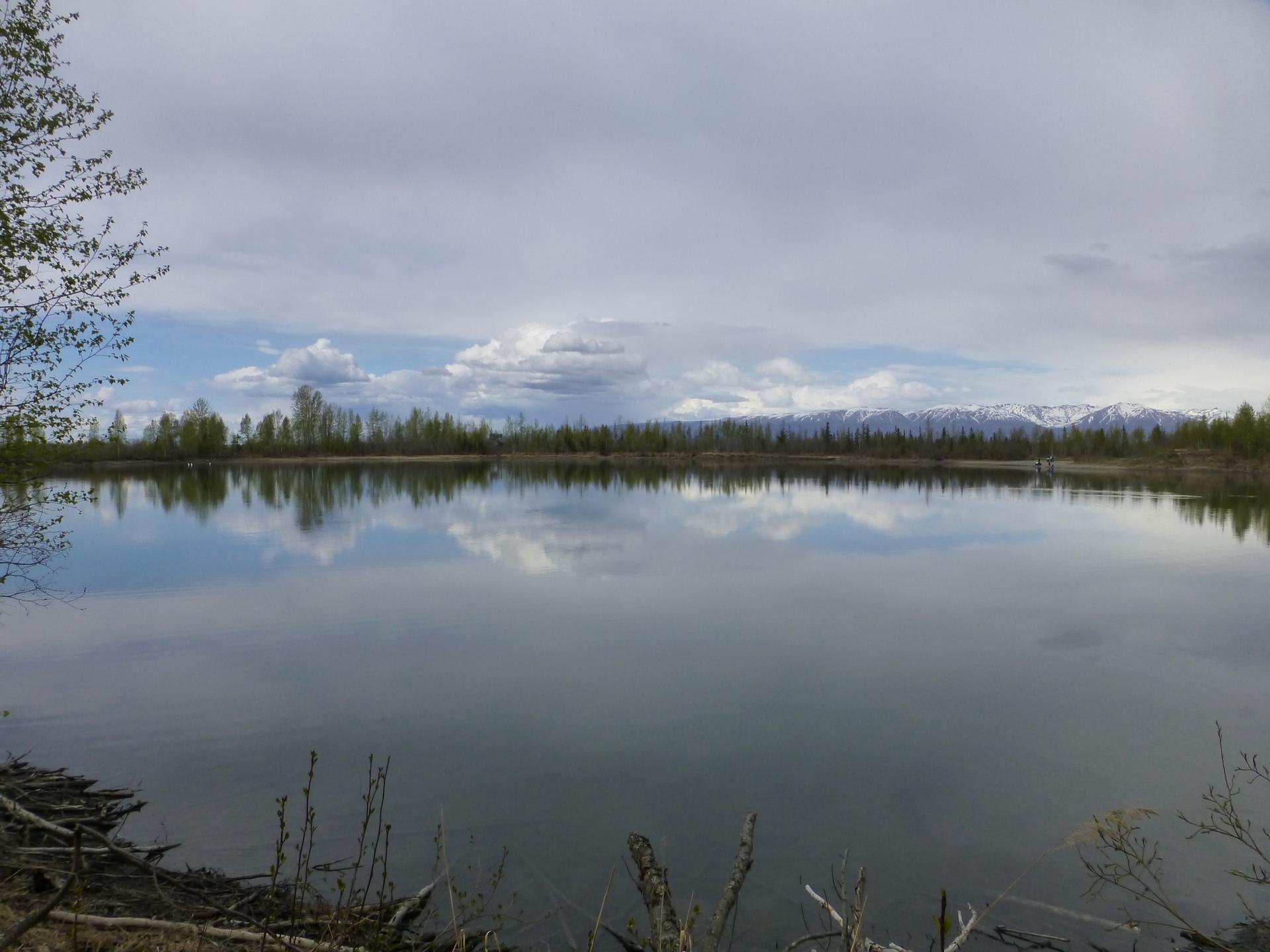 Calm lake reflecting cloudy sky and forested shores with distant mountains.