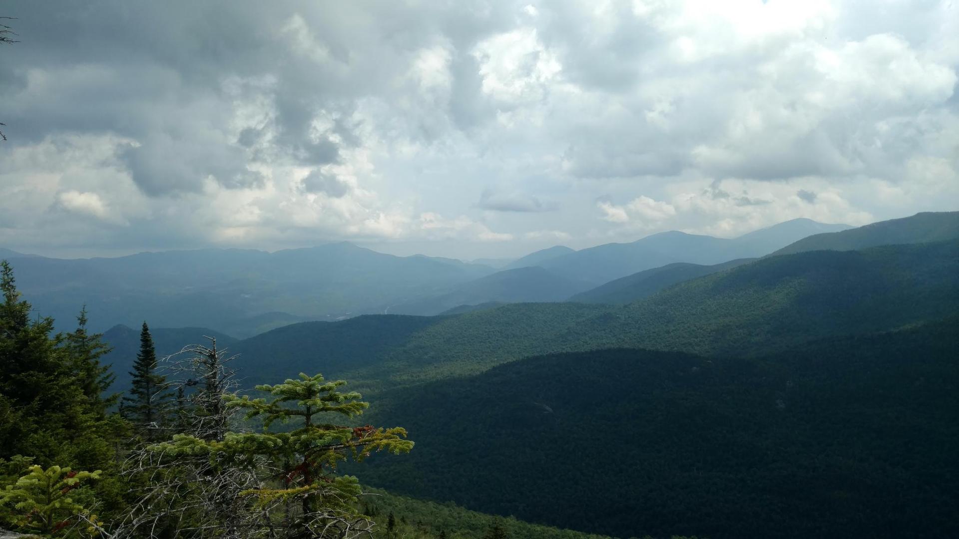Expansive view of forested mountains under a dramatic cloudy sky, with trees on left.