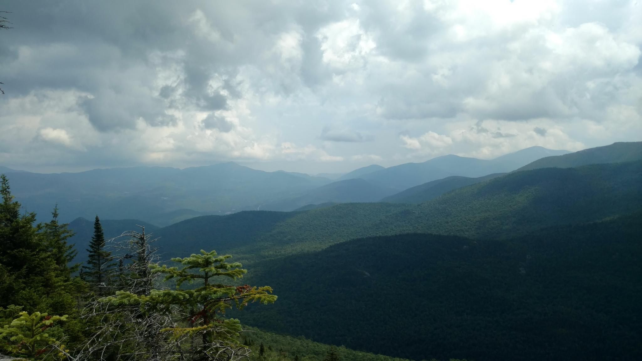 Expansive view of forested mountains under a dramatic cloudy sky, with trees on left. - Pitchoff Mountain Trail