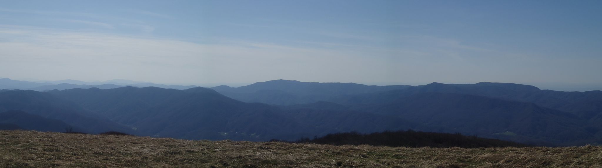Panoramic view of layered blue mountains under a clear sky, dry grass foreground. - Big Bald via Appalachian Trail