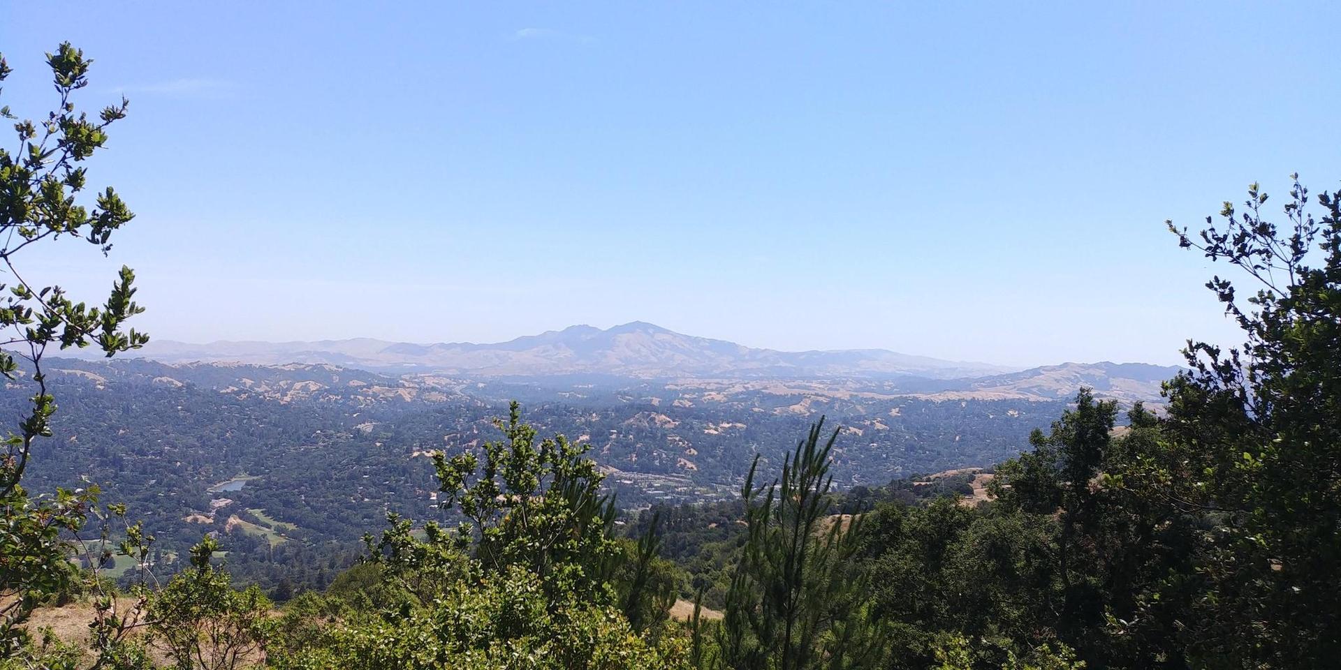 Panoramic view of distant mountains over forested hills on a clear day.