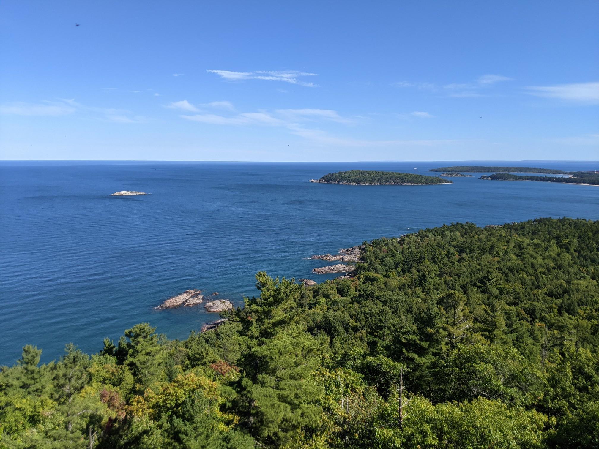Bright blue ocean meets a green forested coastline under a clear sky.