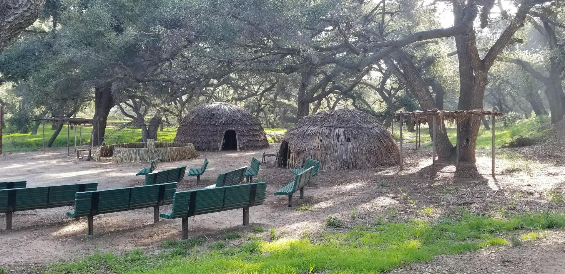 Two thatched huts and green benches under dappled sunlight in a wooded area.
