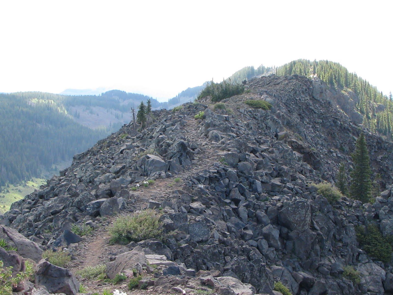 A narrow dirt path winds along a rocky mountain ridge under a bright sky.