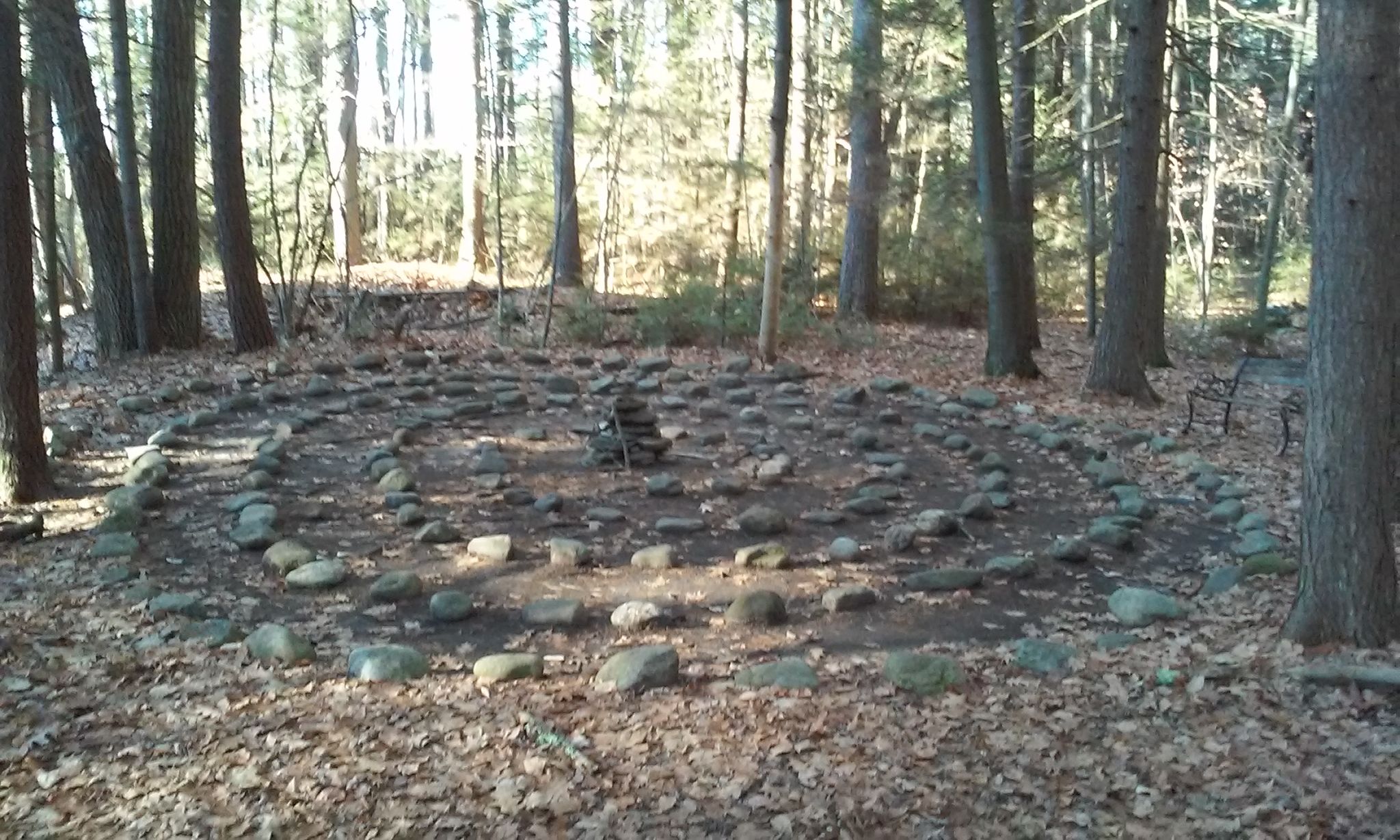 A circular stone labyrinth on a leaf-covered forest floor, surrounded by trees. - Robert Frost Trail to Mount Orient