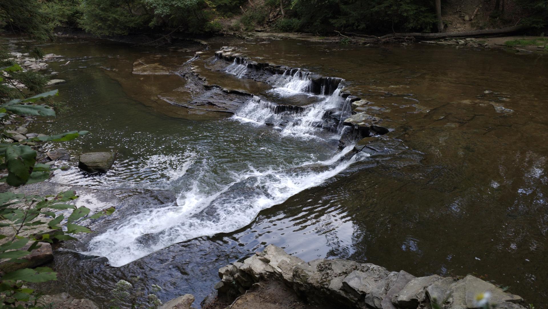 A river with multiple small waterfalls cascading over rocky ledges.