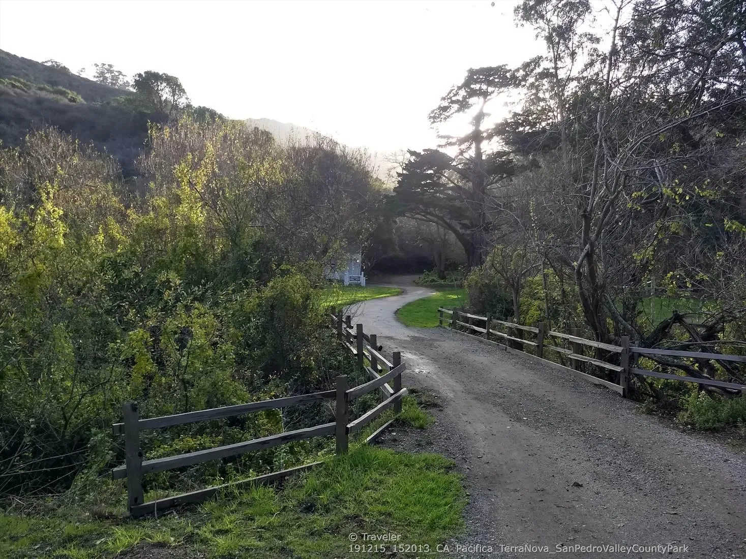 Sunlit dirt road winding through lush green hills with a wooden fence. - Weiler Ranch and Valley View Trail Loop