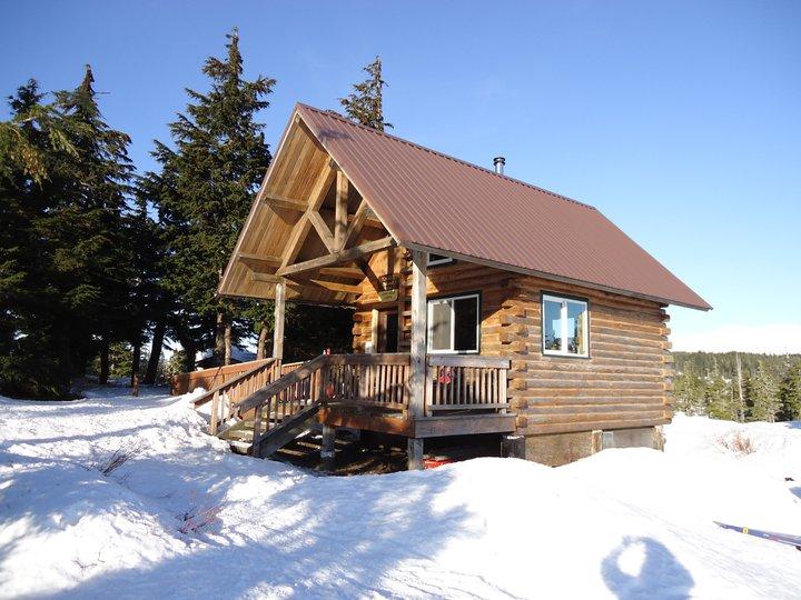 Rustic log cabin with a porch, surrounded by snow and evergreen trees on a sunny day.