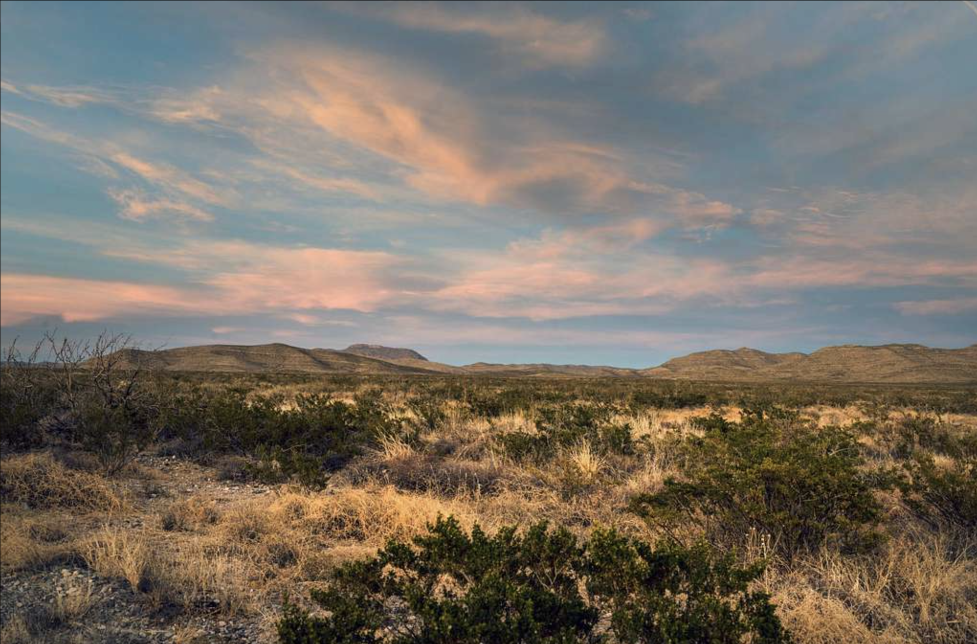 Expansive desert landscape with dry grass and bushes under a colorful sunset sky.
