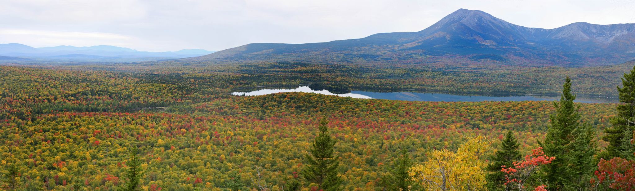 Expansive autumn forest with a lake and mountains under an overcast sky. - Barnard Mountain Trail