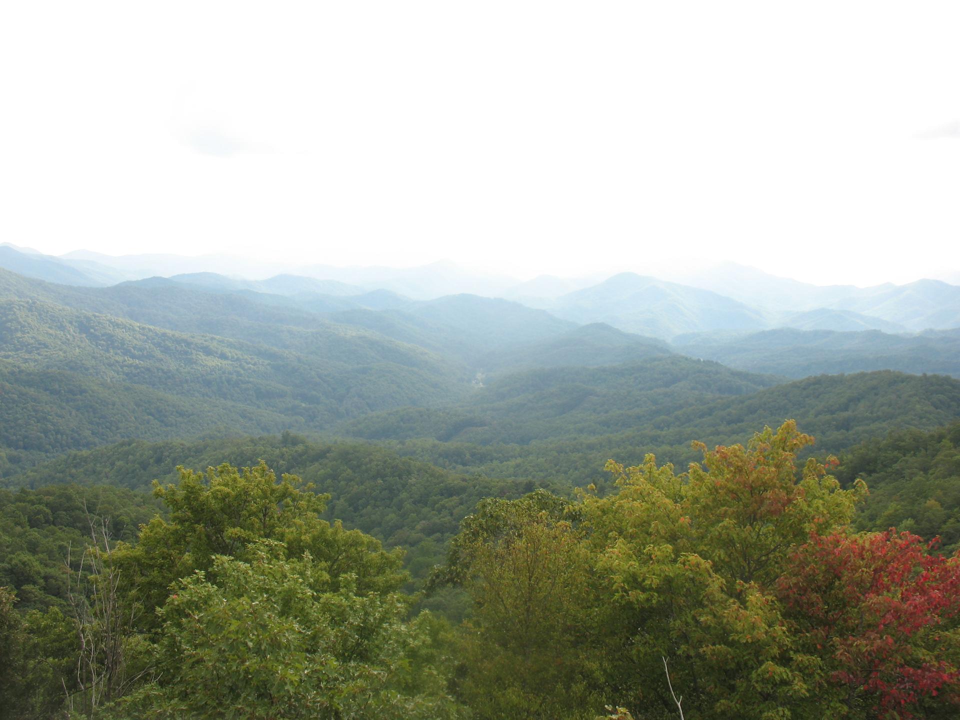 A vast mountain range with green and autumn trees under a hazy sky.
