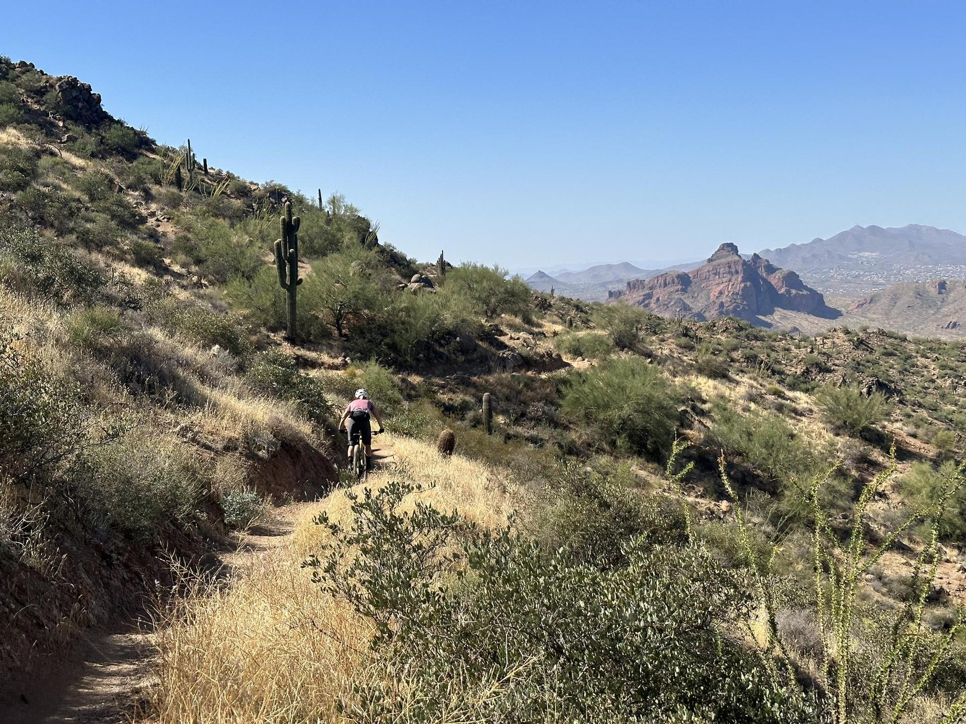 Mountain biker on a dirt trail through desert hills with distant mountains.