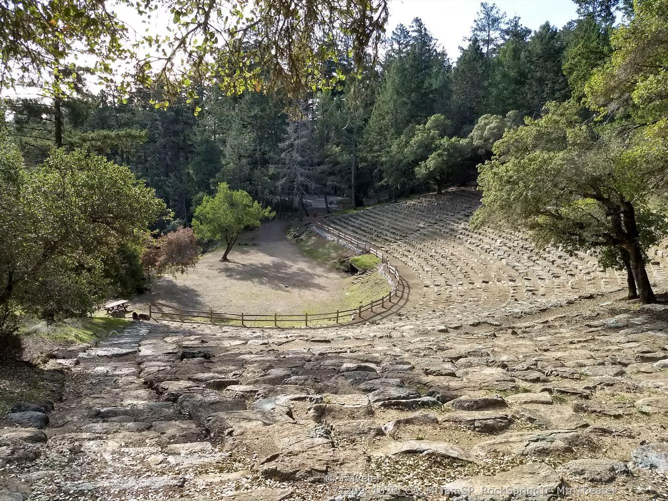 Stone amphitheater in a forest clearing, with a wooden fence.