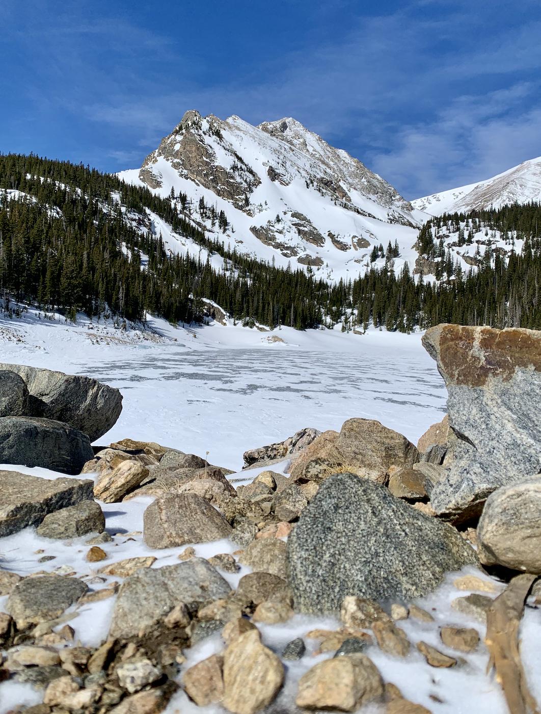 Snowy mountains tower over a frozen lake, with rocks in the sunny foreground.