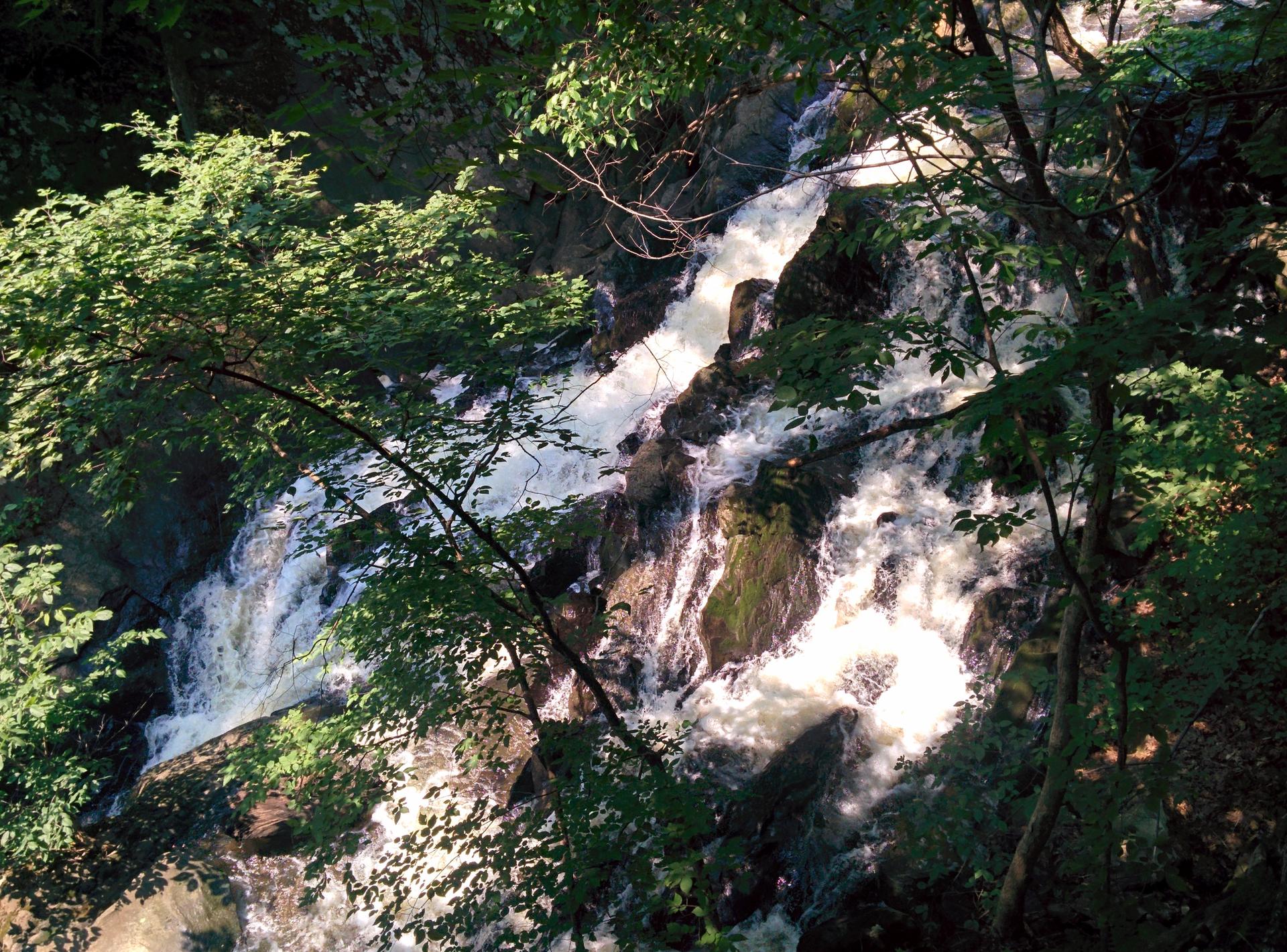 Sunlit waterfall cascades over rocks, surrounded by lush green trees.