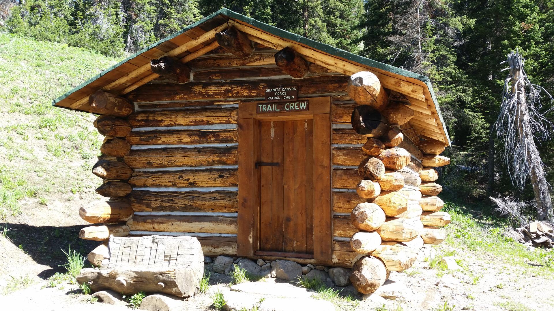 Small, rustic log cabin with a wooden door on a sunny, grassy hillside.