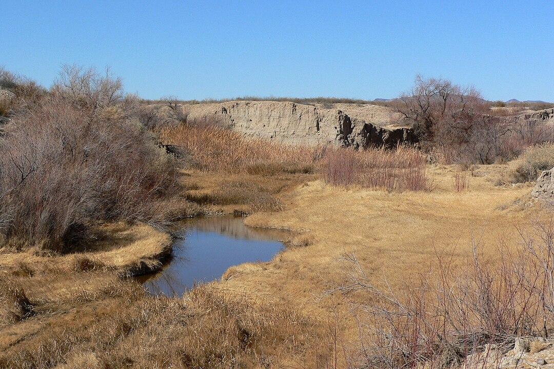 Winding stream through dry grass and canyon walls on a clear day.