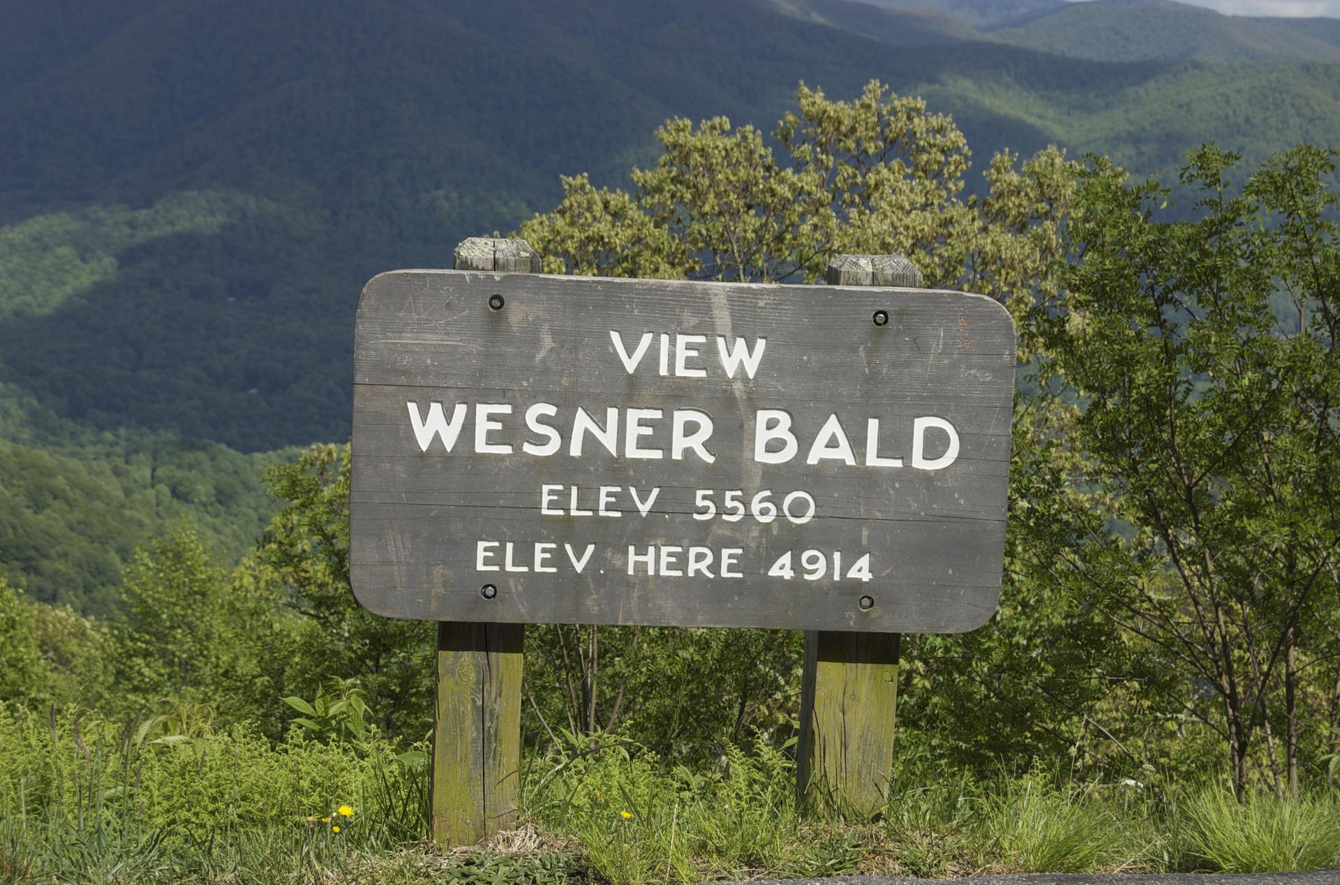 A weathered wooden sign with white text, set against a sunny mountain landscape.