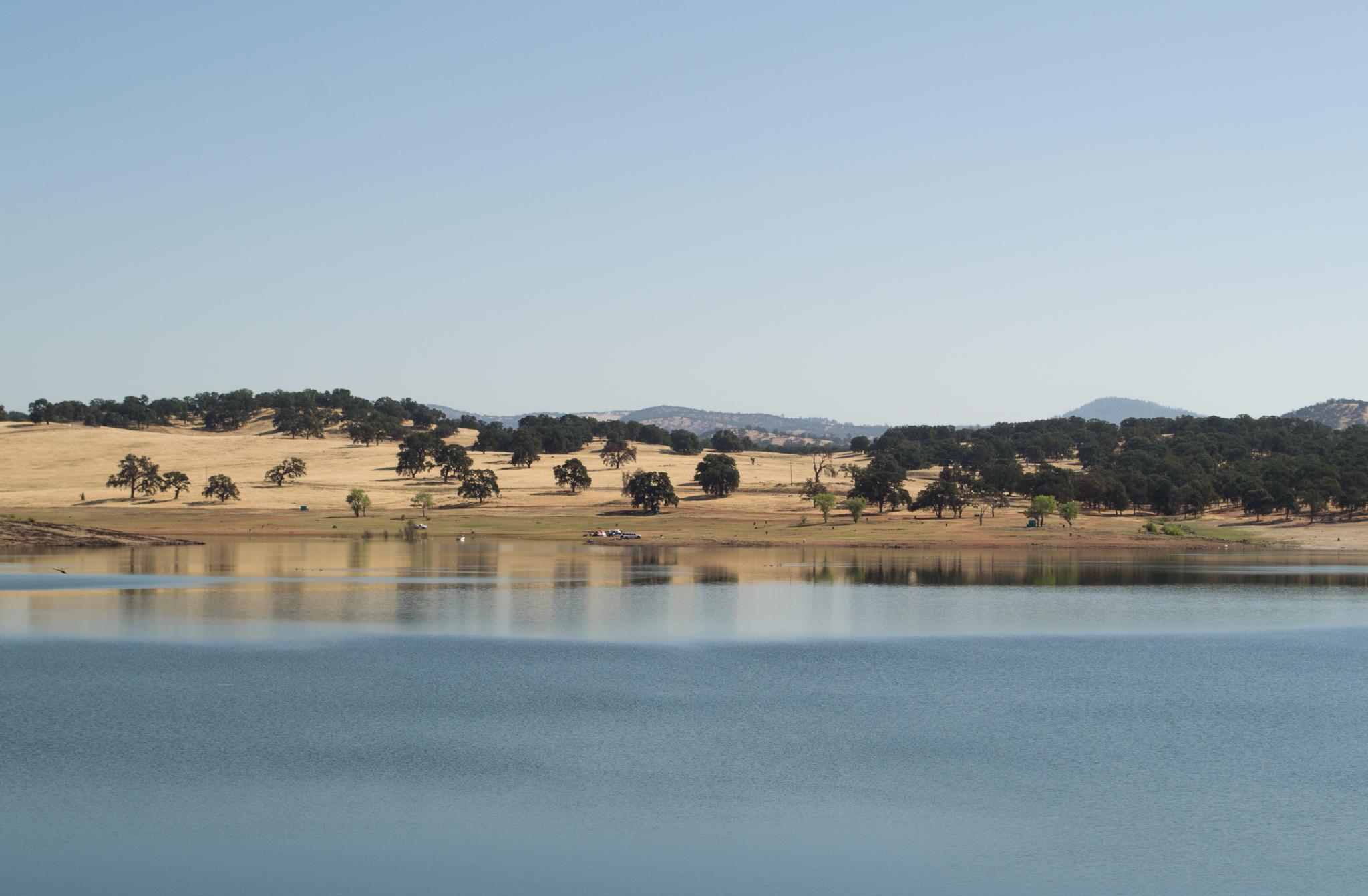 Calm blue water reflects golden hills with scattered trees under a clear sky.