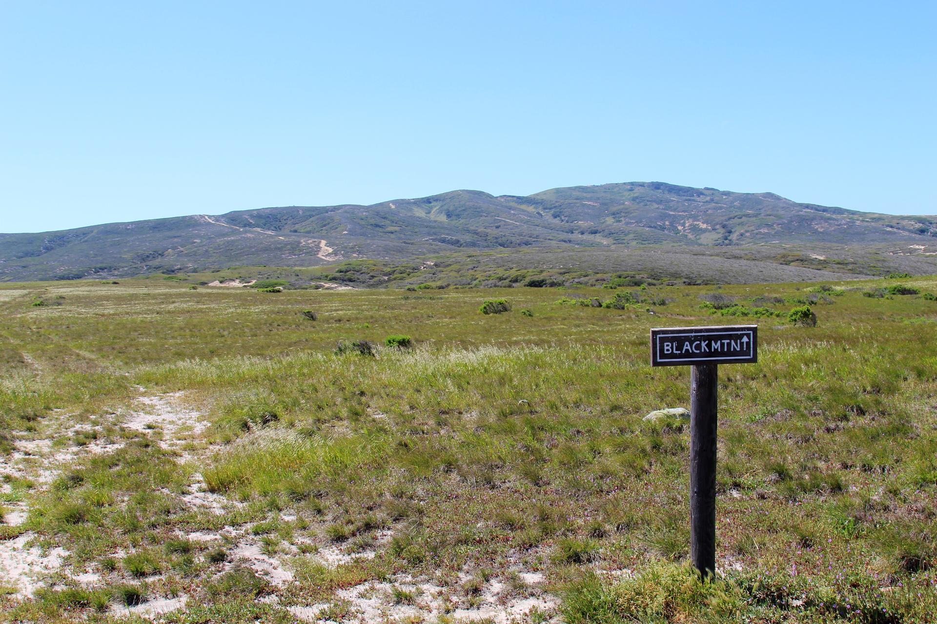 Trail sign in a vast grassy field with distant mountains under clear sky.