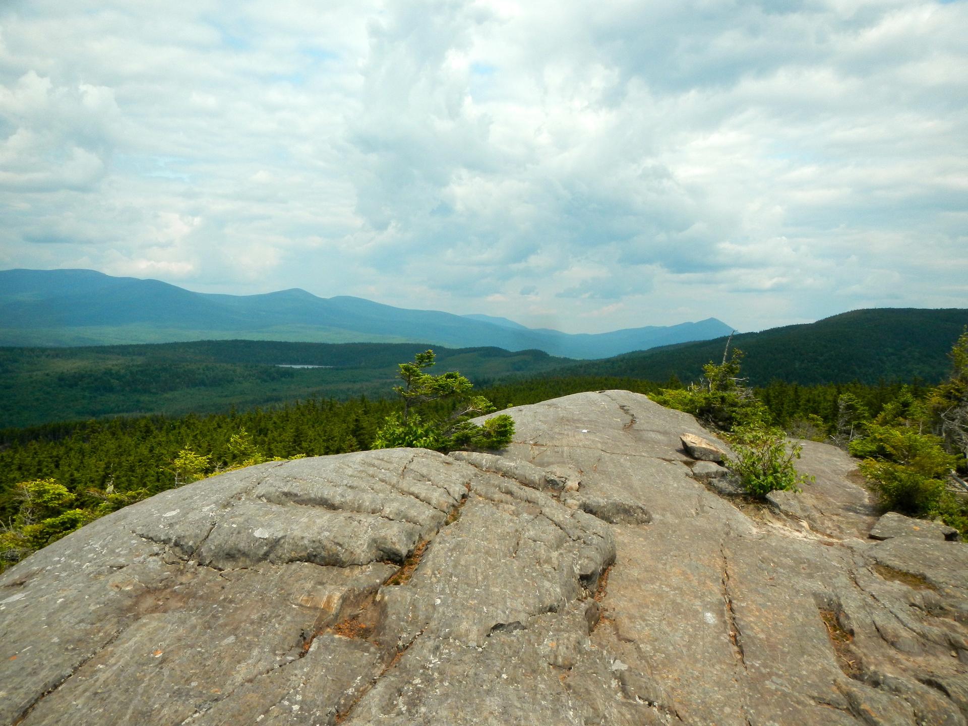 Rocky mountain summit overlooking a vast forested valley under a cloudy sky.